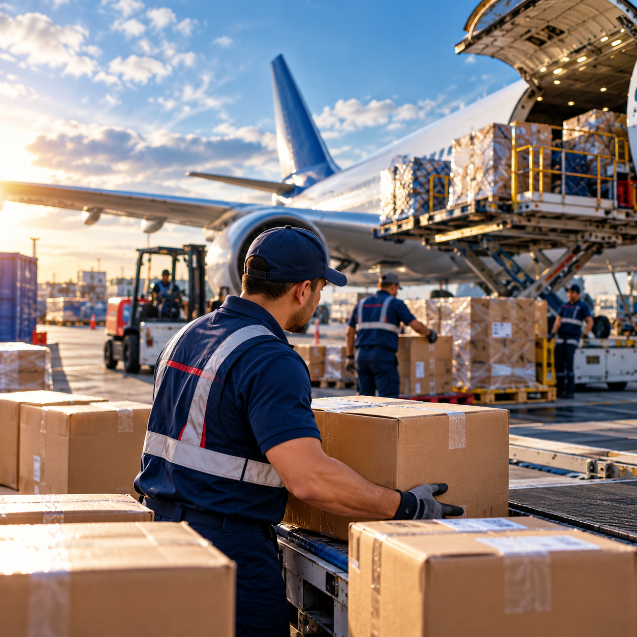 Equipo logístico trabajando con carga aérea